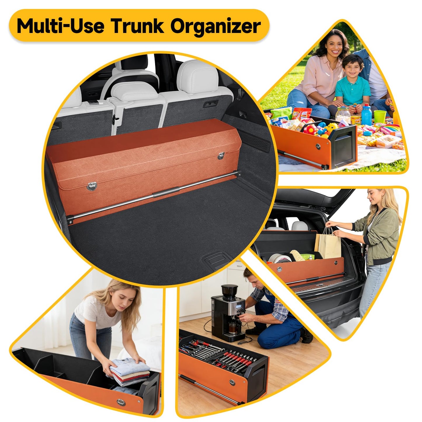 XCF Car Trunk Organizer, Collapsible Sturdy Trunk Storage Container with Lid and Handle Large Leather Car Trunk Storage (Orange, 39.7 x 11.4 x 12.2in)