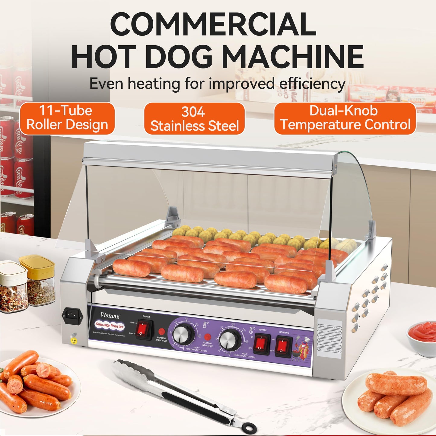 Commercial Hot Dog Roller 11 Rollers, 304 Stainless Steel, Extra Large Capacity, Fast Heating Electric Hot Dog Cooker, for Restaurant & Concession Stand