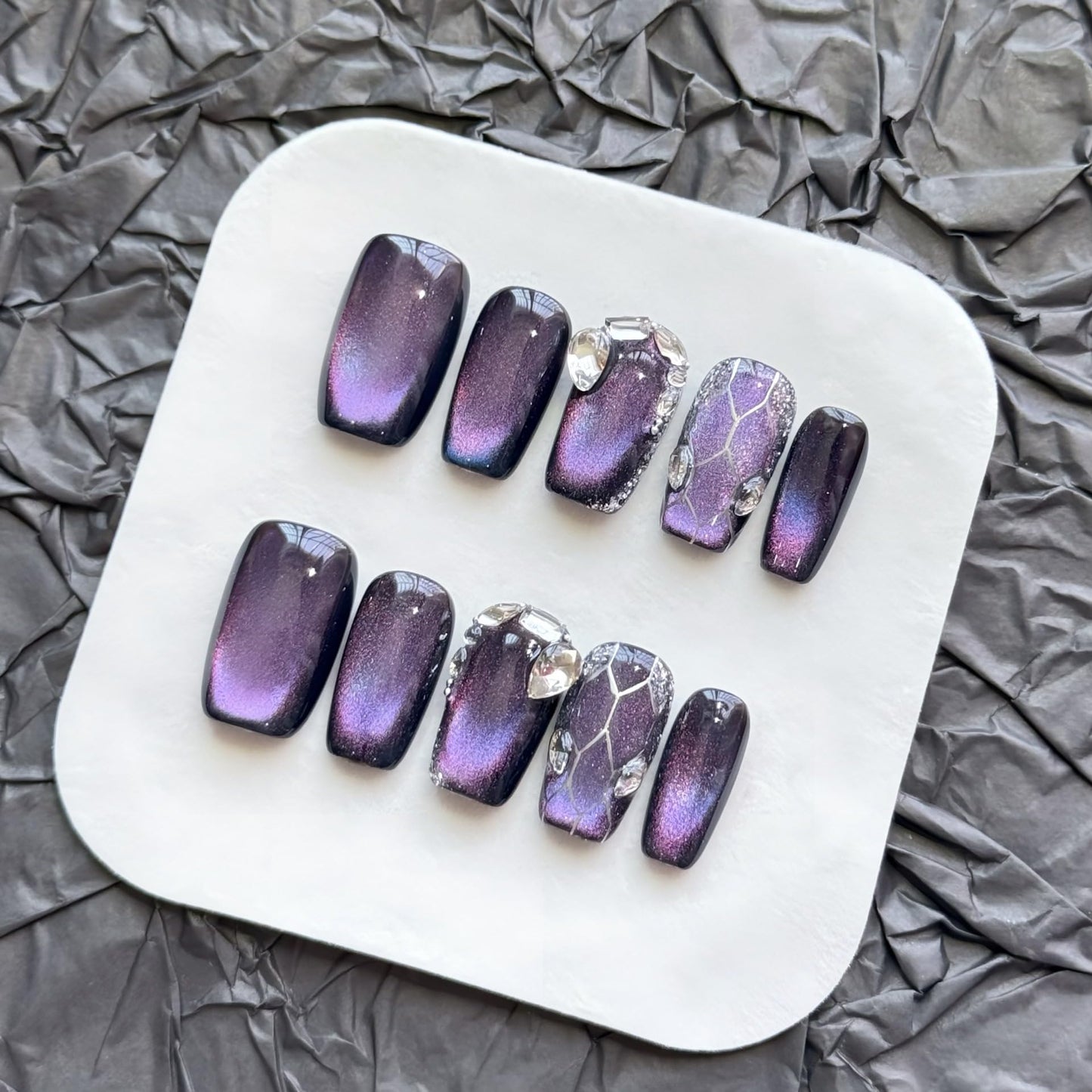 Purple Cat Eye Press On Nails - Galaxy Nebula Design with Crystal & Cracked Stone Accents, Short Coffin Shape, Reusable False Nails for Women (S)