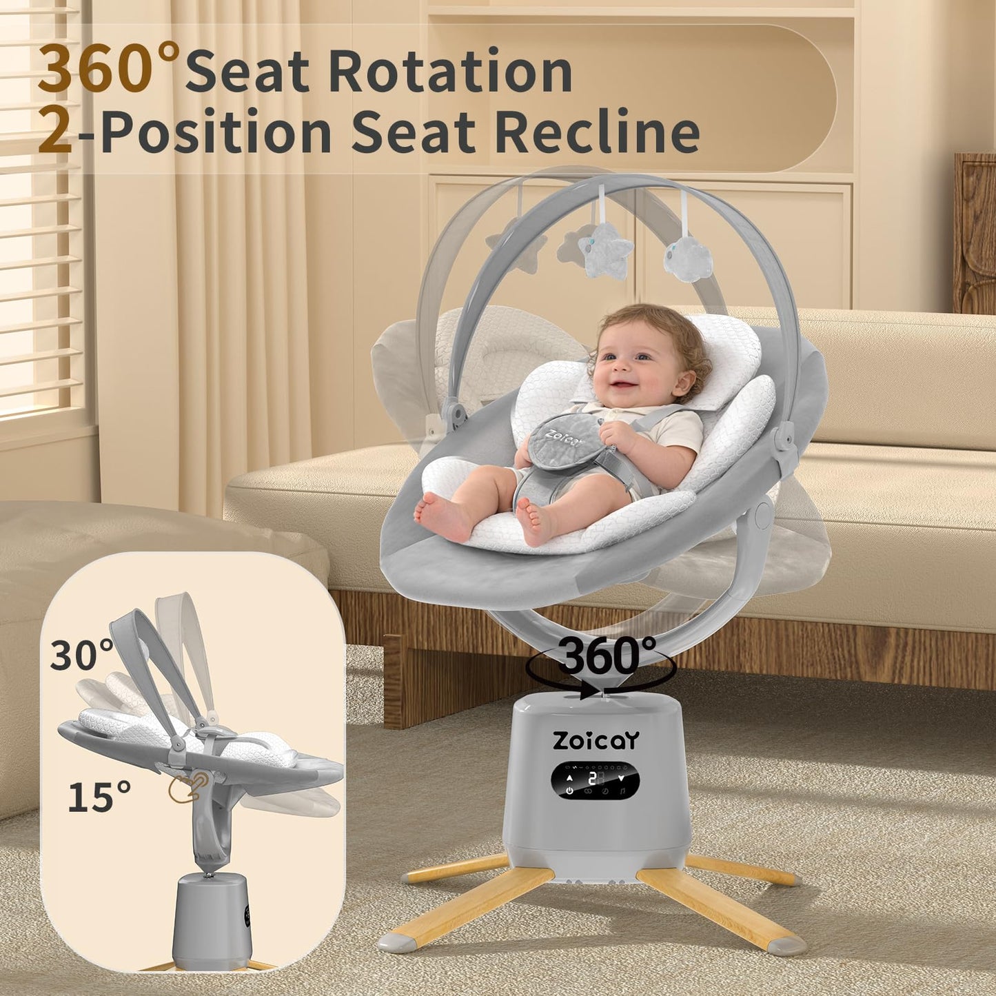 Baby Swings for Infants, Zoicay Electric 3D-Motion Baby Swing with 9 Modes & 8 Speeds, 360° Rotating Seat, APP & Remote Control, 6 Lullabies, Portable Infant Swing for Indoor and Outdoor(Gray)