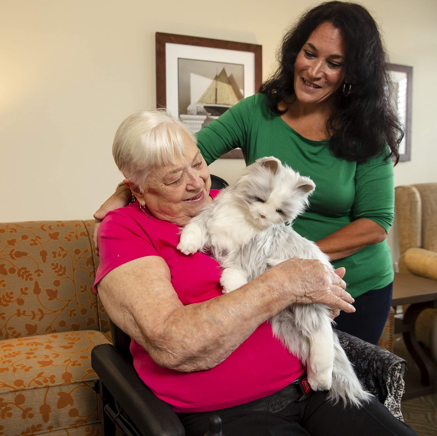 JOY FOR ALL Companion Pet for Seniors - Lifelike Animatronic Cat - Realistic Soft-Touch Fur & Purring - Therapy Stuffed Animal - Toy for Alzheimer's & Dementia - Silver w/White