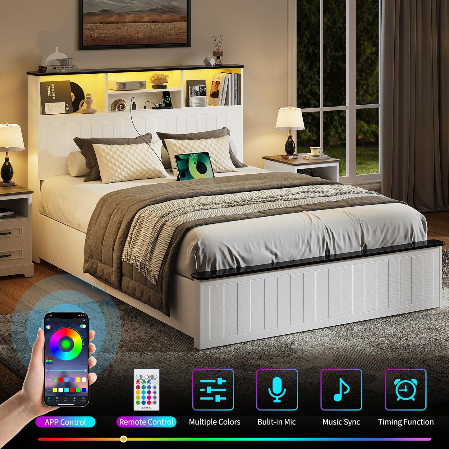 Yoobure Queen Bed Frame with Headboard - Farmhouse Wood Bed Frames Queen Size with 4 Storage Drawers, Platform Beds with Charging Station & LED Light, No Noise Double Bedframe, No Box Spring Needed