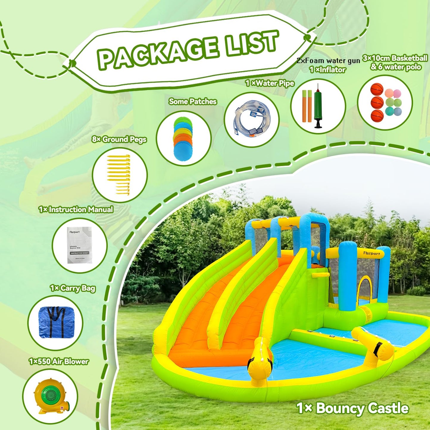 FBSPORT Inflatable Bounce House,Water Slide Park Bouncer Castle with 2 Slide & Double Cannon, Climbing Wall, Kids Bouncy Castle with 550W Air Blower for Backyard, Outdoor, Indoor
