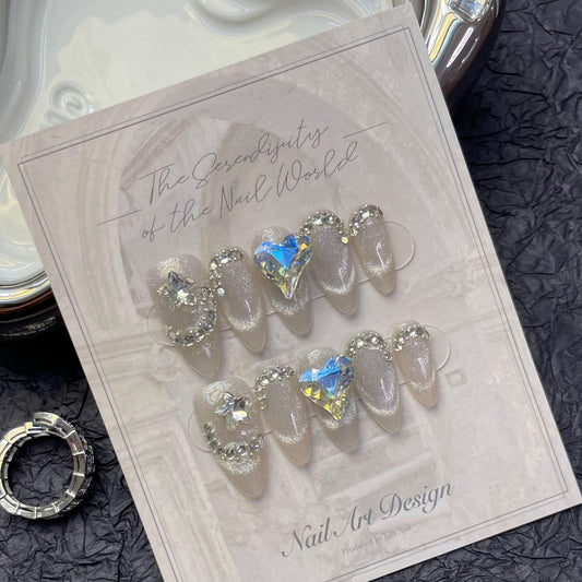 JIEADJIE Press on Nails (100% Handmade), Almonds, Droplet Shaped, Handmade Painted Nail Art by Nail Technician, Daily Version (Heart Almond Cat's Eye, Small), 10 Pieces