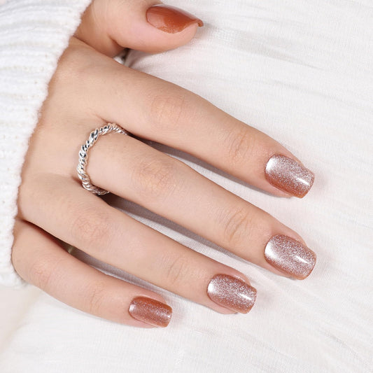 Leefrei Cat Eye Press On Nails Short Square - Warm Gold Brown Shimmer Nails Press ons Reusable Glue On Nails for Women, 15 Sizes 30 Pieces Nail Kit with Glue, Amber Gold