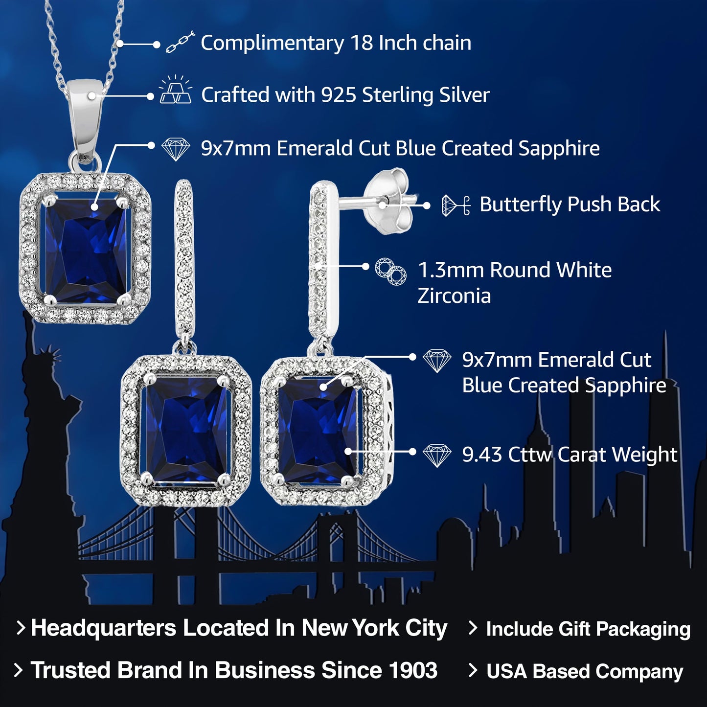 Gem Stone King 7-11 Cttw Gemstone Birthstone Pendant and Earrings Jewelry Set For Women | 925 Sterling Silver | Emerald Cut 9X7MM | With 18 Inch Chain | Fine Jewelry Gifts for Her Mom Women Wife