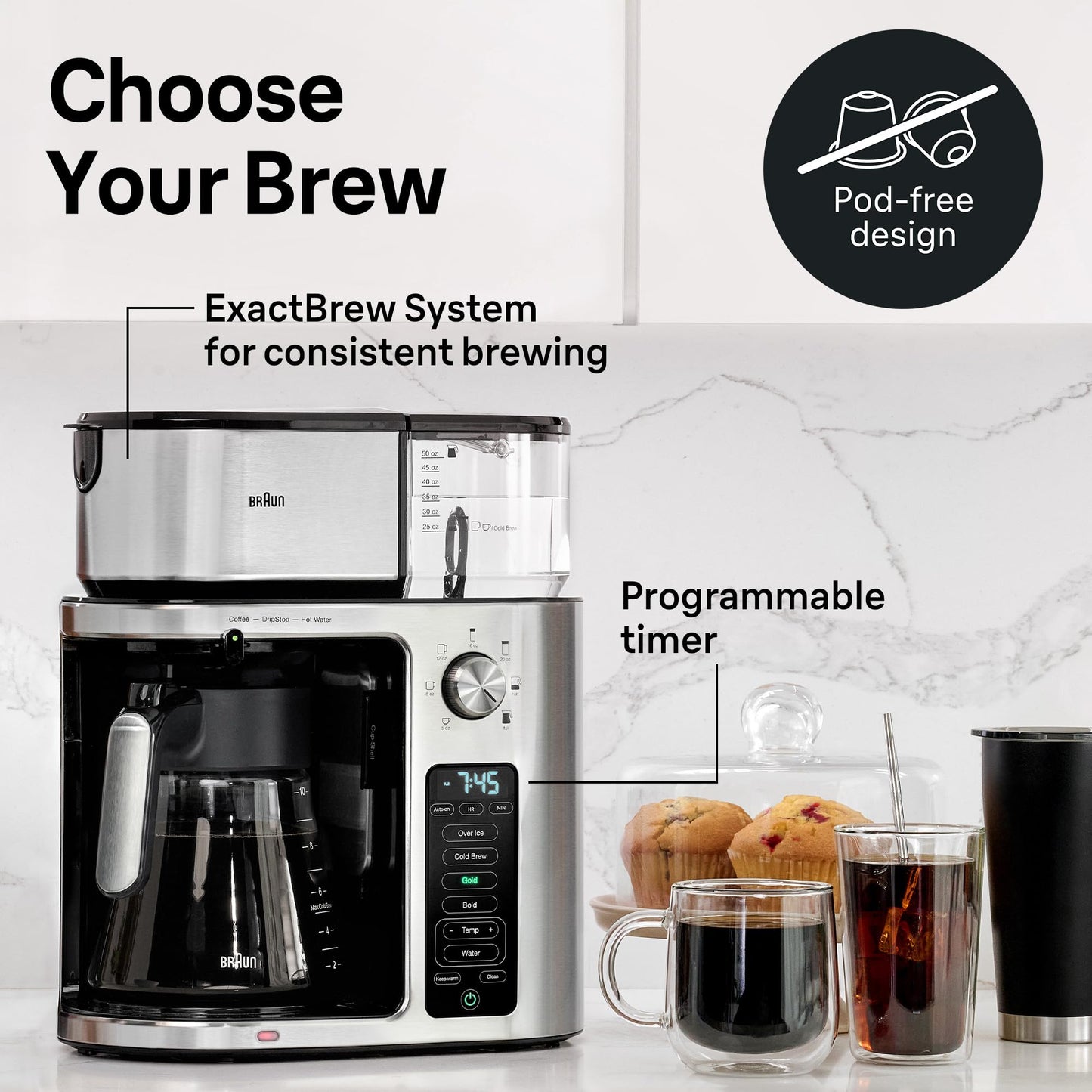 Braun MultiServe Plus 10-Cup Drip Coffee Maker - Hot & Cold Multi-Serve Brewer with Timer and Auto Start, Hot Water Dispenser, Over Ice Function, Stainless Steel & Pod-Free Design, KF9370SI