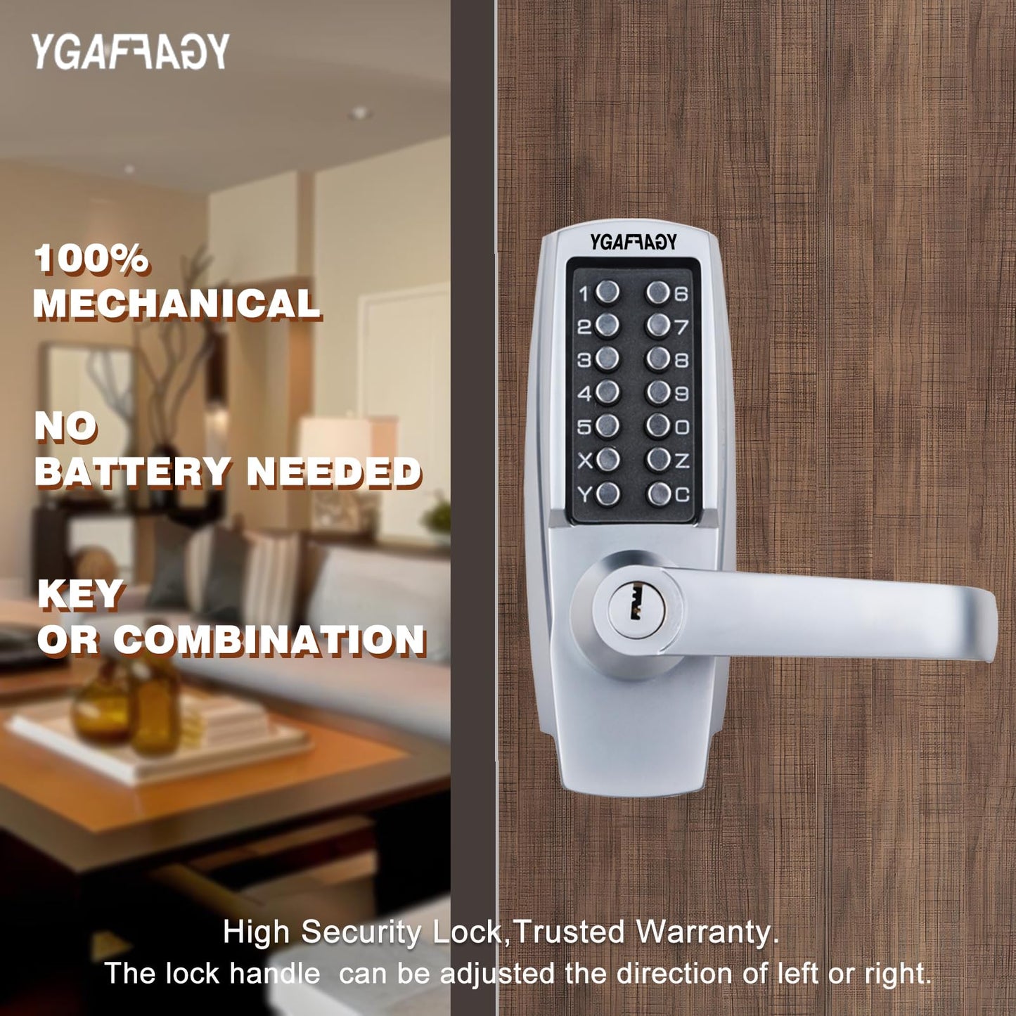 Mechanical Entry Door Lock, 14 Digital keypad,Weatherproof deadbolt with Handle, Security Heavy Duty Outdoor Lock Without Electronic, Easy Installation, for Home, Yard-gate, Office, Chrome