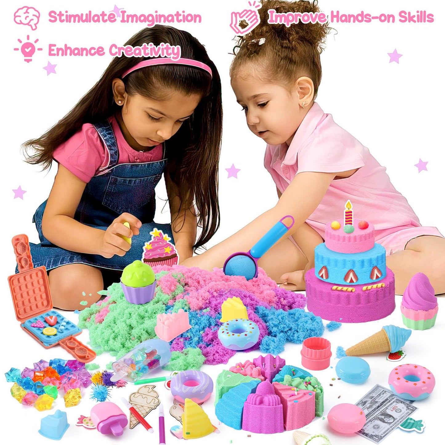 Golray Ice Cream Sensory Bin for Girls, Play Sand Art Kit with Sandbox, 2lb Magic Sand, Cake & Waffle Molds, Pretend Play Desserts Toys, Sensory Toy Set Gifts for Girl Toddlers Ages 3 4 5 6 7 8