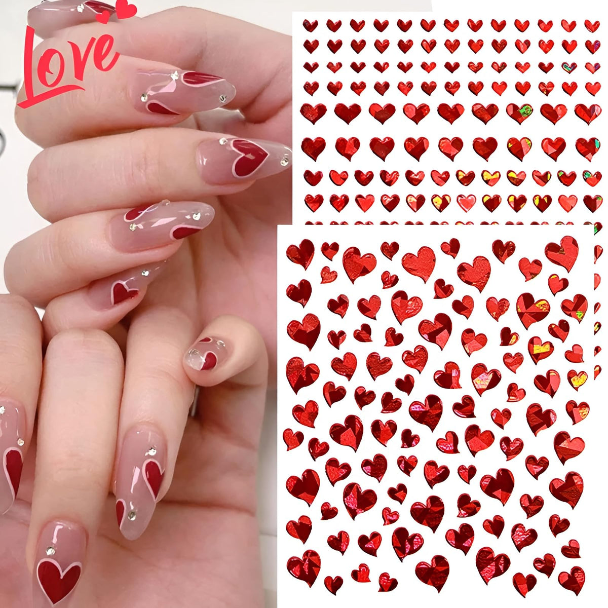 8 Sheets Heart Nail Art Stickers,Valentine's Day Nail Stickers 3D Self-Adhesive Nail Decals, Heart DIY Manicure Decoration Supplies Accessories for Women Girls