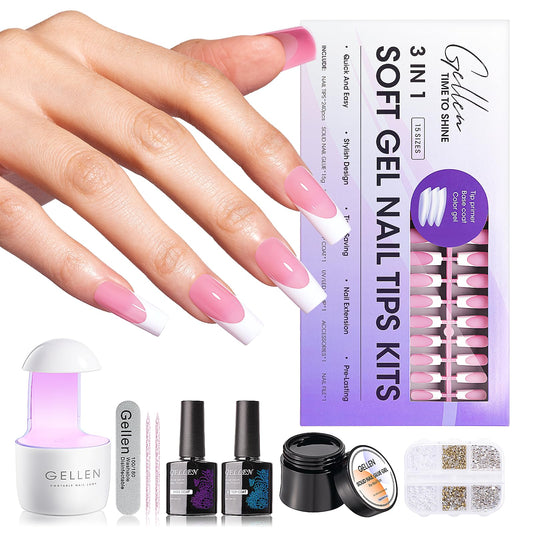 Gellen Pink Press on Nails Kit - Long Square French Tips Press on Nails 240pcs Soft Gel Nails, French Tip Nail Extension Kit