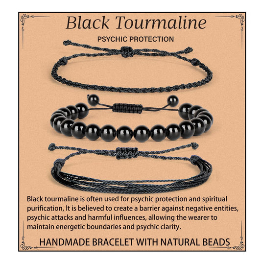 QOGIR Handmade Healing Stones Bracelet,8mm Natural Black Tourmaline Gemstone Beads Bracelet,for Men Women Gifts with 2PCS Size Adjustable Rope Bracelets