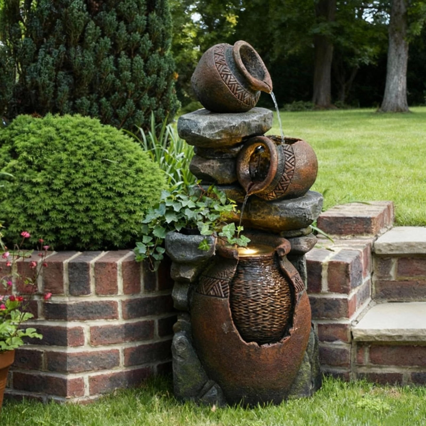 Bumilgar Outdoor Garden Water Fountain for Garden, Patio, Backyard, Deck, Porch and Home Art Decor, 3 Tiers Modern Cascading Outdoor Fountain with Lights 38.4" H