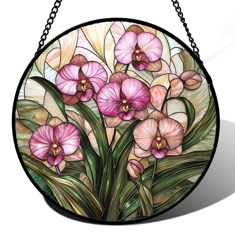 AMDERVEN Stained Glass Window Hanging - Pink Phalaenopsis Orchid Green Leaves Sun Catcher for Door Home Decor Flower Suncatcher Christmas Mother's Day Birthday Gifts for Women Men Mom Nana 7.8 in