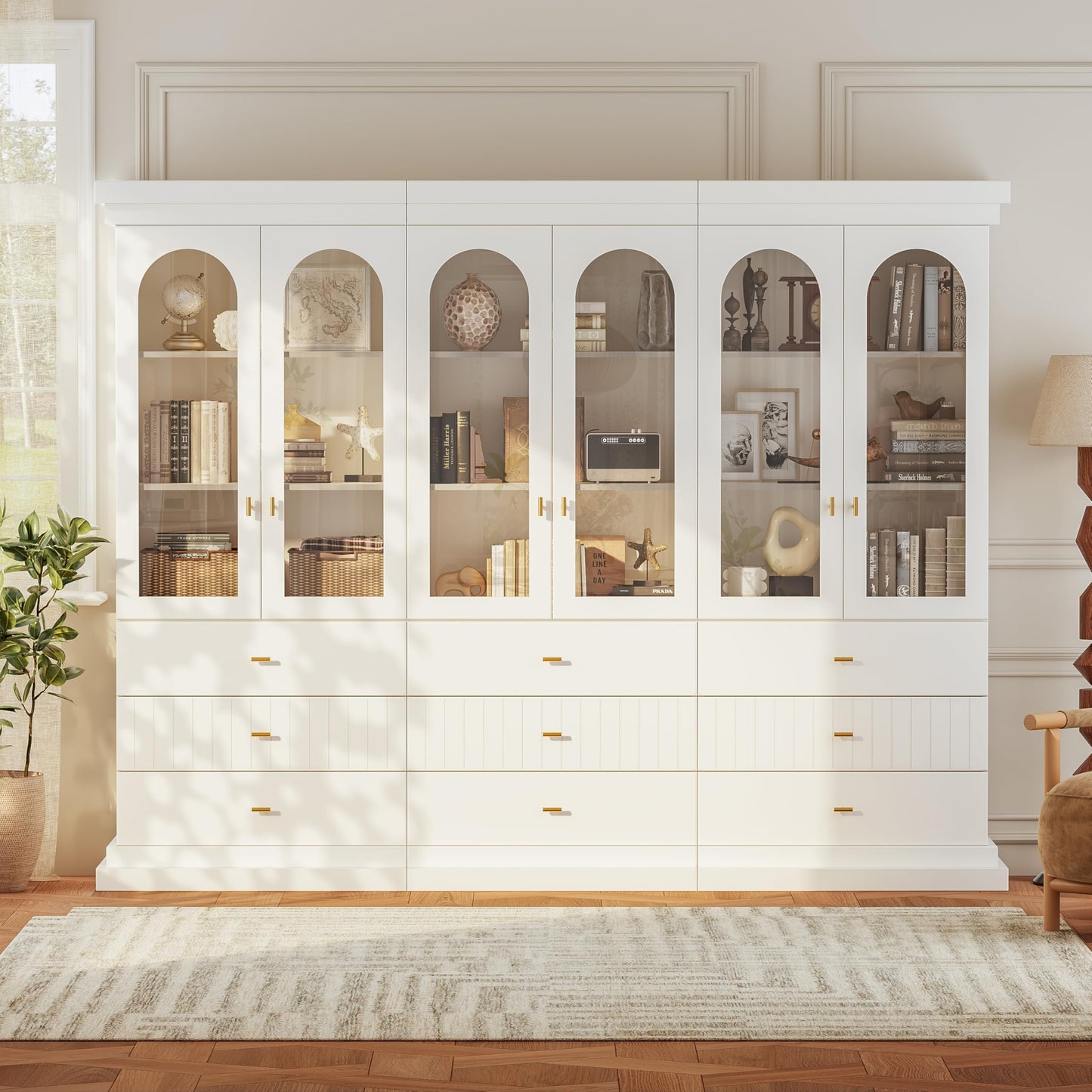 Vyre 71" Arched Kitchen Cabinet, Glass Door Display and Tall Storage Cabinets with Drawers, Modern Pantry for Dining Room or Living Room, White with Gold Handles, 3 of Set