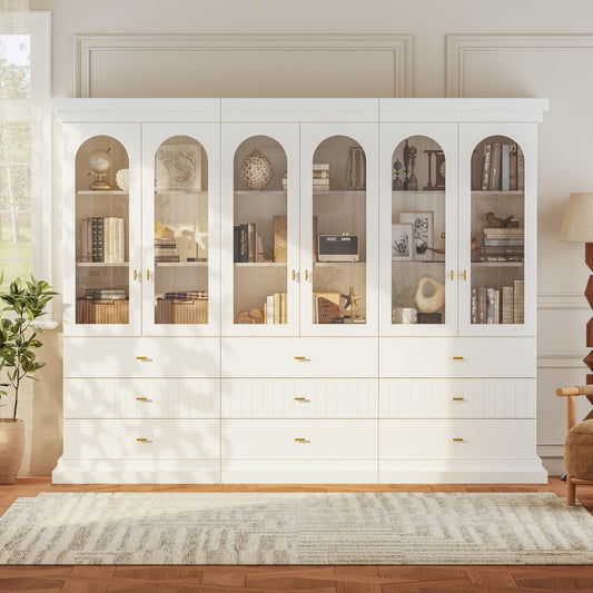 Vyre 71" Arched Kitchen Cabinet, Glass Door Display and Tall Storage Cabinets with Drawers, Modern Pantry for Dining Room or Living Room, White with Gold Handles, 3 of Set