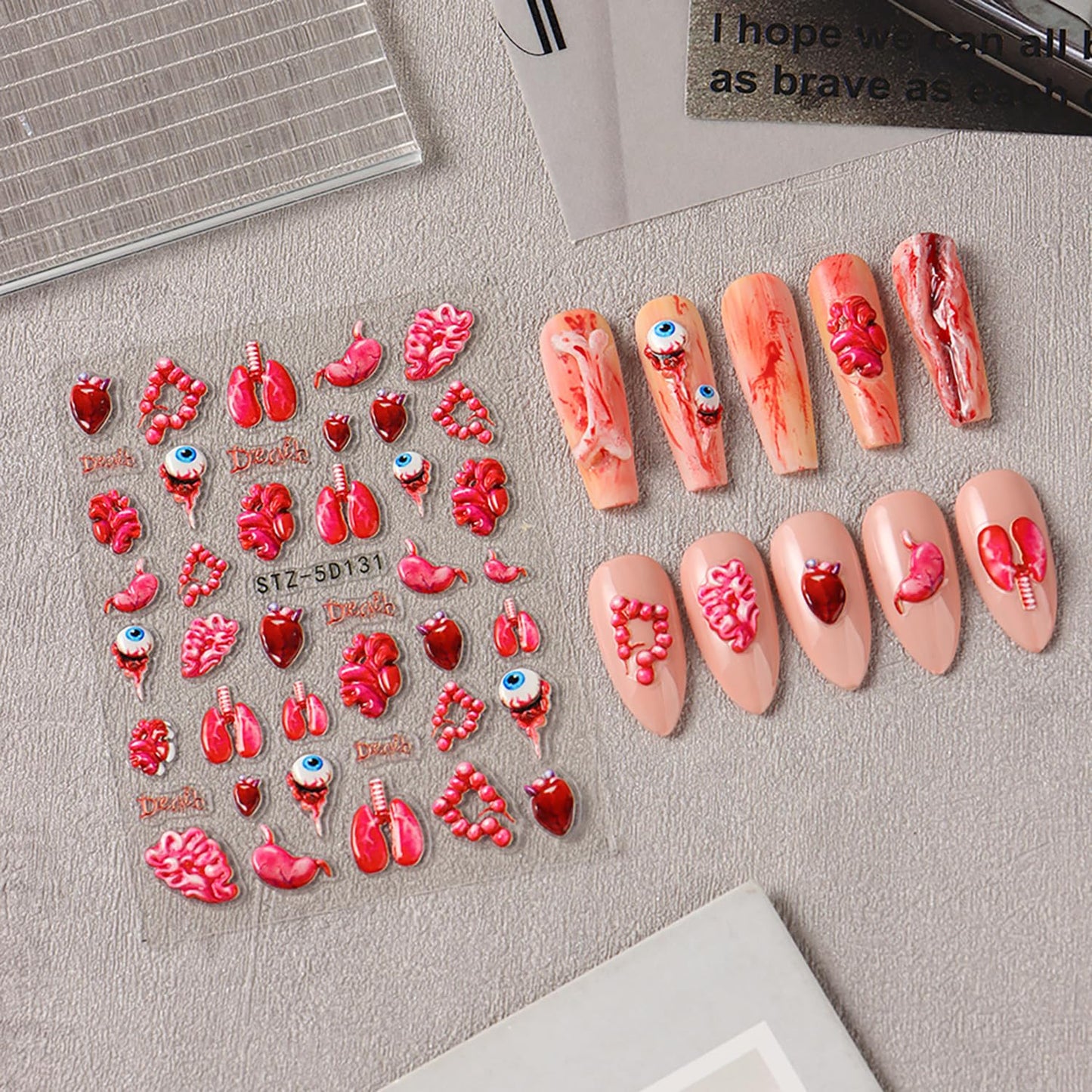 2 Sheets Halloween Nail Art Stickers 5D Relief Self -Adhesive Blood Drops Lips Spider Nail Decals Holographic Horror Heart Internal Organs Design Nail Stickers Halloween Nail Decoration for Women