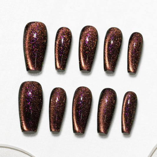 Sun&Beam Nails Handmade Press-on Medium Long Coffin Ballerina Black Pink Purple Magnet Solid Color Minimalist Design Fashion False Nail Tips 10 Pcs Set (#259 M)
