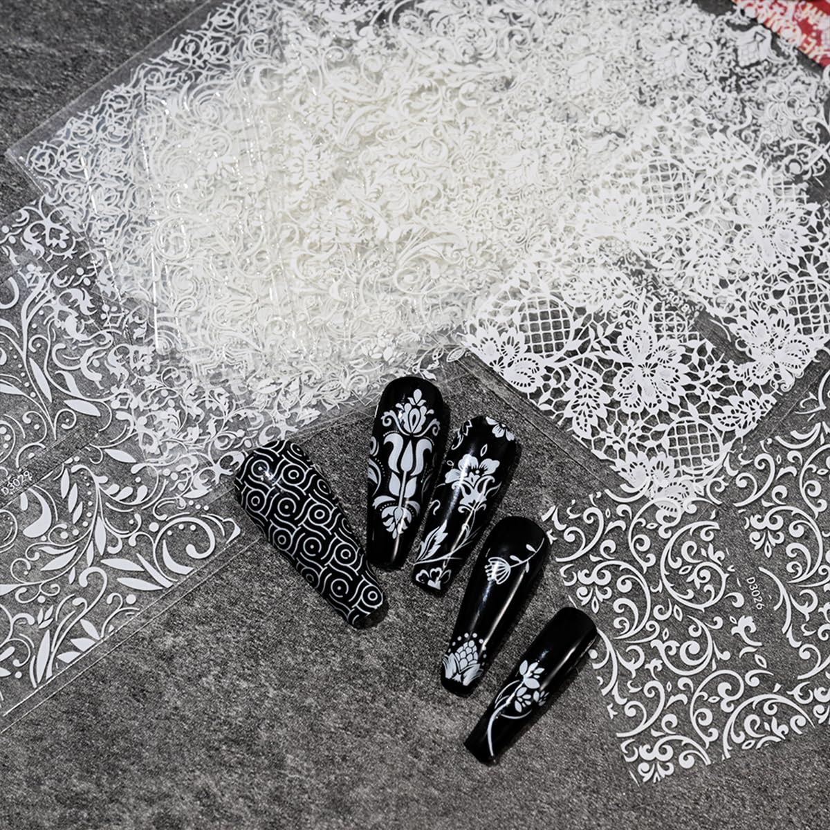 30 Sheets White Nail Art Stickers 3D Self Adhesive Lace Flower Nail Stickers Hallow Floral Nail Decals Spring Summer Nail Supplies for Women Nail Art Decoration Accessories