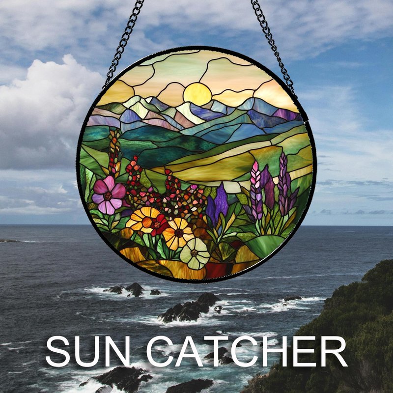QZQCBLC Stained Glass Window Hanging Purple Wildflowers Pastoral Scenery 7.8" - Suncatcher Door Garden Sun Catcher Home Decor Birthday Christmas for Mom Men Woman Friend