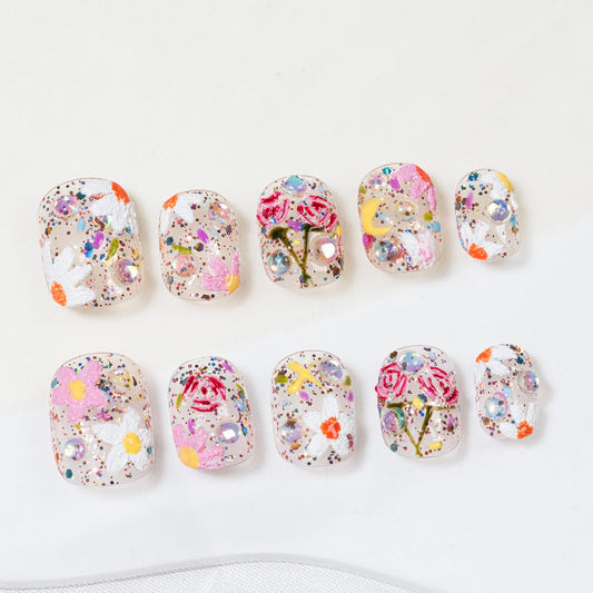 Sun&Beam Nails Handmade Press-on Short Squoval Round Pink White Flower Spring Hand-Painted Design Fashion False Nail Tips 10 Pcs Set (#273 S)