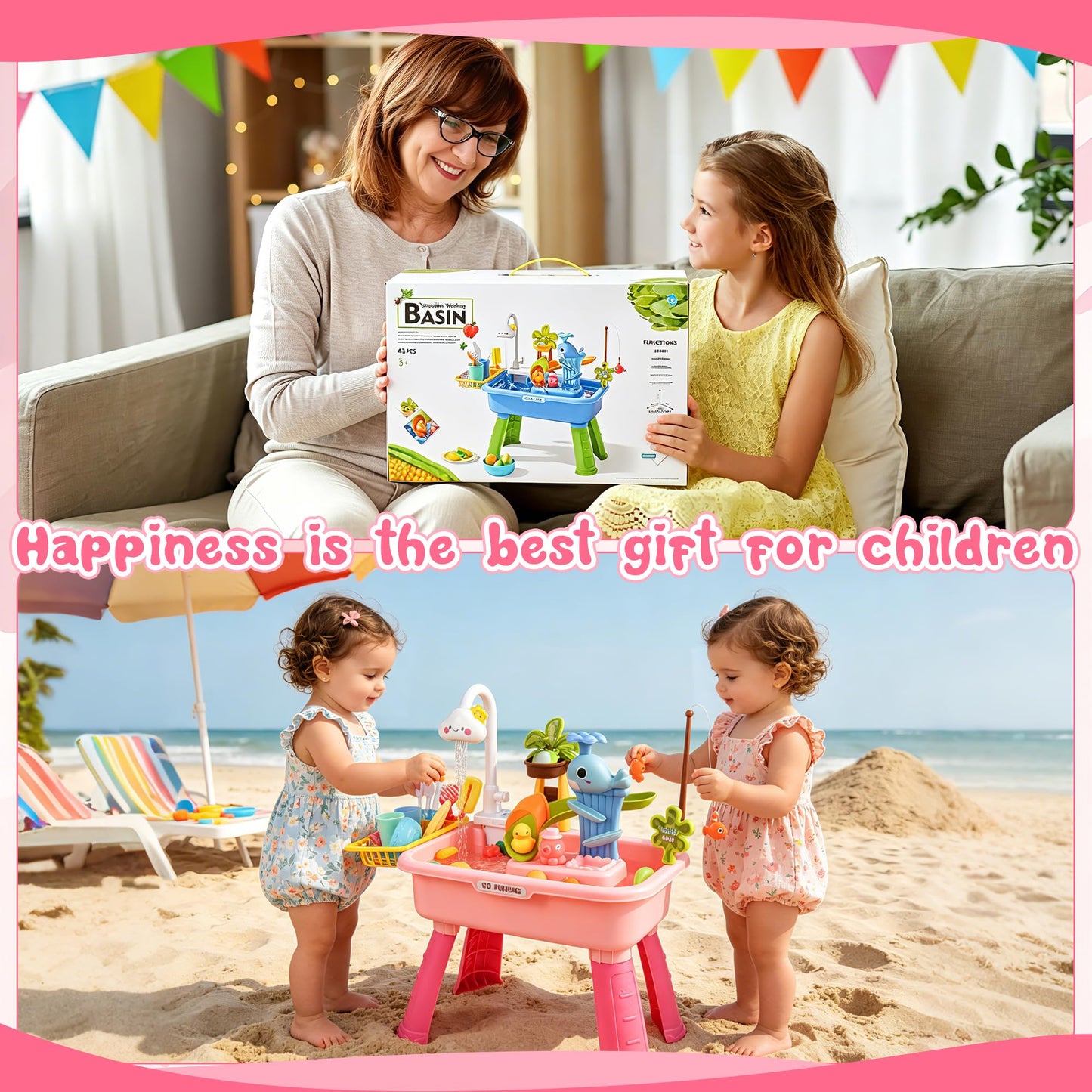 HUASHILUO Upgraded Water Table for Toddlers 1-3 with Electric Water Pump, Kids Water Table with Faucet, Play Food Accessories Fishing Toy, Kitchen Play Sink Toys for Girl Boy