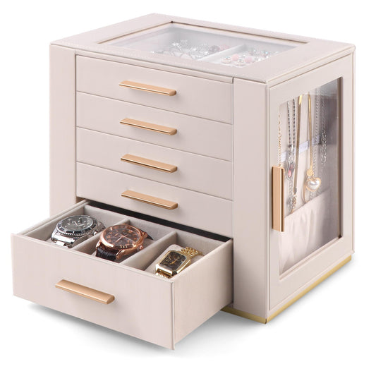 Homeanda Jewelry Box for Women with Glass Lid, 5 Drawers Jewelry Organizer and Storage for Necklaces, Rings, Earrings, Bracelets, Gift for Girls and Teens,PU Leather (Beige)