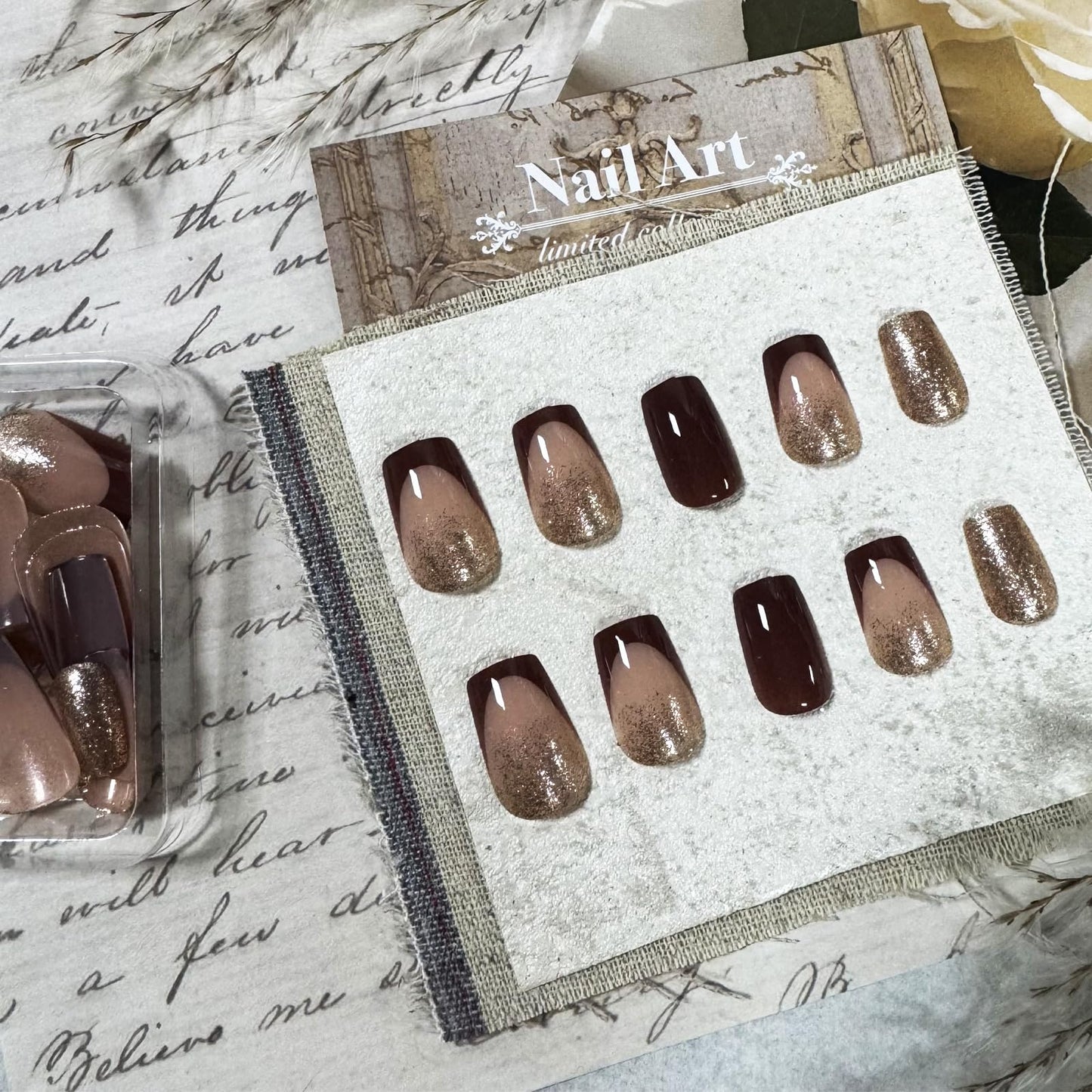 IMSOHOT Brown Press on Nails Short Square Fake Nails Golden Glitter False Nails Glossy Sparkly Autumn Acrylic French Tips Full Cover Glue on Nails for Women Manicure