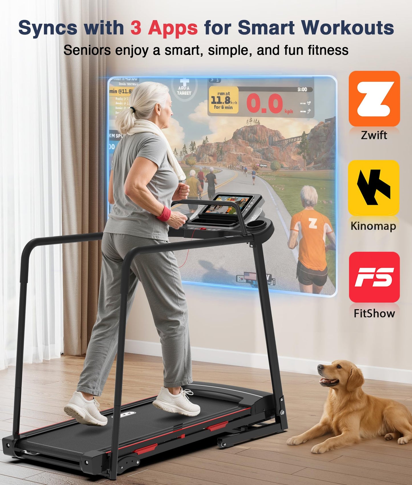 Redliro Walking Treadmill for Seniors Foldable - 400 Lb Capacity Senior Treadmill with Front & Long Handrails, 0%-2% Incline Home Recovery Fitness Exercise Machine for Elder, 47.6” Long Belt, APP