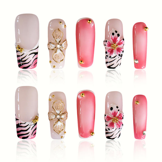 Vanpaga Press On Nails Medium Square Handmade Fake Nails Artistic Design 3D Thick Acrylic and Muti-Layer Gel False Nails Reusable Acrylic Fake Nails for Parties & Daily