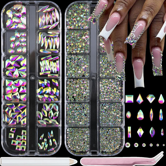 SEMATA AB Crystal Nail Art Rhinestones Charms Flatback Nail Gems Rhinestones Diamonds Multi Shapes AB Crystal Nails Charms Stone Mixed Size Nails Art Accessories Decoration Design for Women