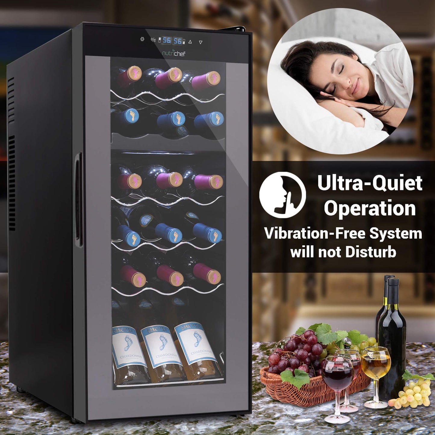 NutriChef 18 Bottle Wine Fridge | Dual Zone Wine Chiller | Adjustable Temperature 41°F to 64°F | Ultra Quiet Operation | Wine Cooler For Home & Office | Free Standing 32x13x19 IN | Black