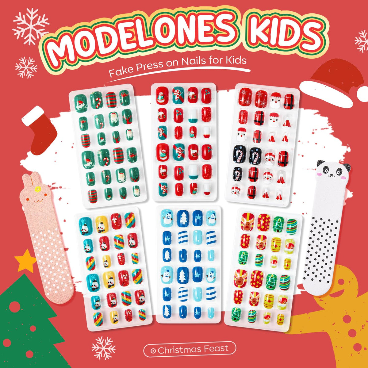 Modelones Christmas Press on Nails for Kids 144Pcs 6 Pack Children Girls Toys 8-10 Acrylic Fake Nails Pre-glue Full Cover Snowflake Red Xmas Short False Nail Art Kits Sets Gifts For Kids Girls
