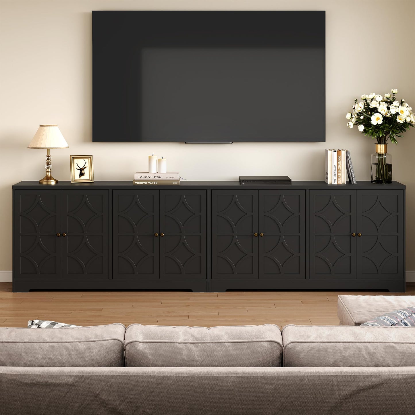 FansaFurn Sideboard Buffet with 4 Doors, Mid-Century Sideboard Cabinet with Adjustable Shelves, Accent Cabinet for Entryway, Living Room, Dining Room, Black