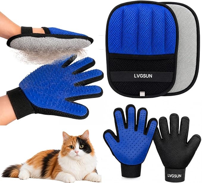 Cat Grooming Gloves for Shedding â Pet Hair Remover Set with Self-Cleaning Mitt â 2 Grooming Gloves + 1 Reusable Pad for Cats & Dogs â Long & Short Hair Deshedding