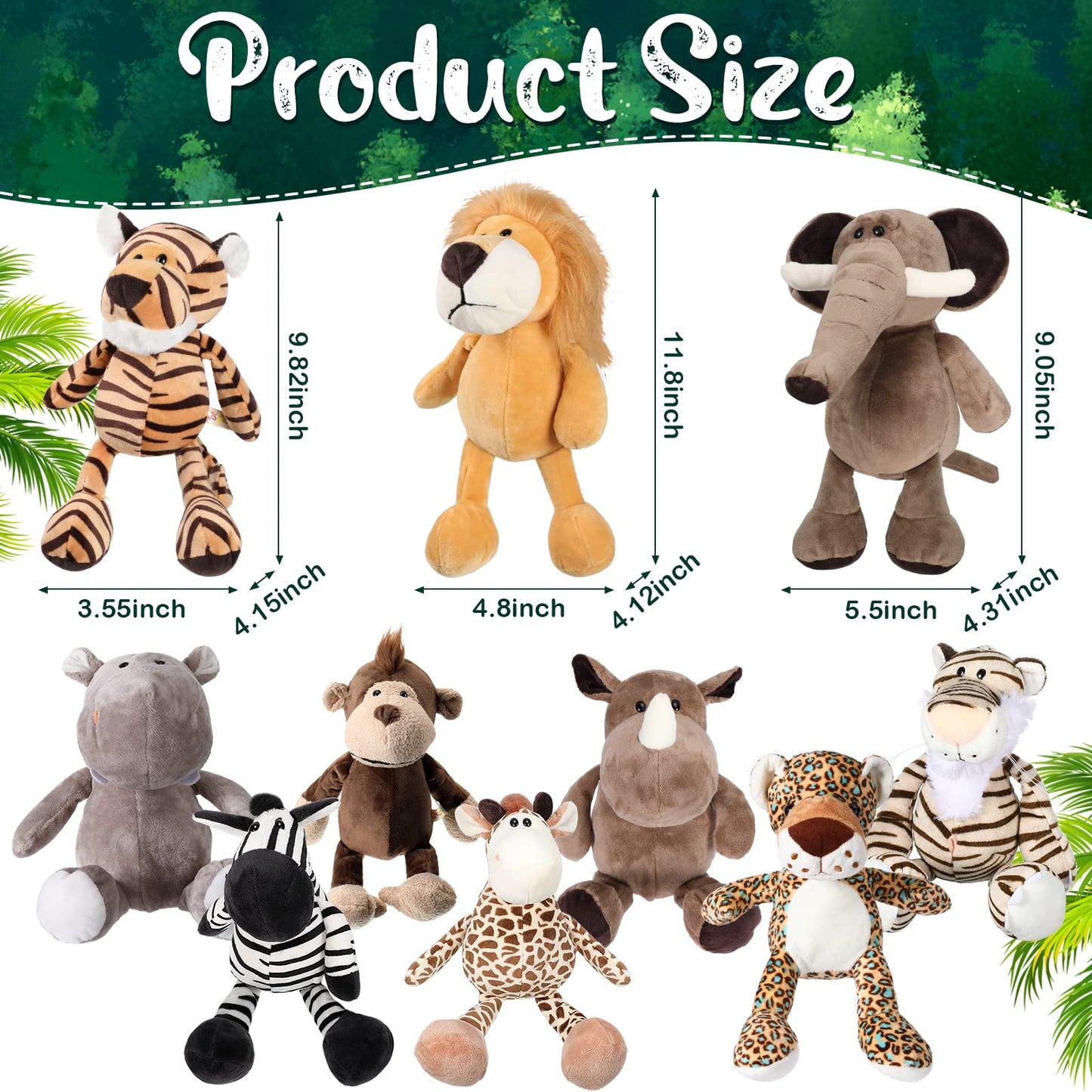 Foilswirl 40 Pcs Safari Forest Stuffed Animals Plush Jungle Themed Animals Toy Gift Elephant Giraffe Lion Tiger Monkey Rhinoceros Zebra Tiger for Baby Shower Party Favors Decoration (10 Styles)