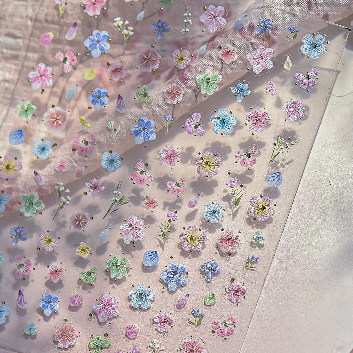 Phuryllic 3D Nail Stickers for Nail Art, Embossed Self-Adhesive Cute Nail Charms & Decals for DIY Nails, Easy-to-Apply Nail Design Supplies & Accessories for Home Manicure-Pink&Blue Flower