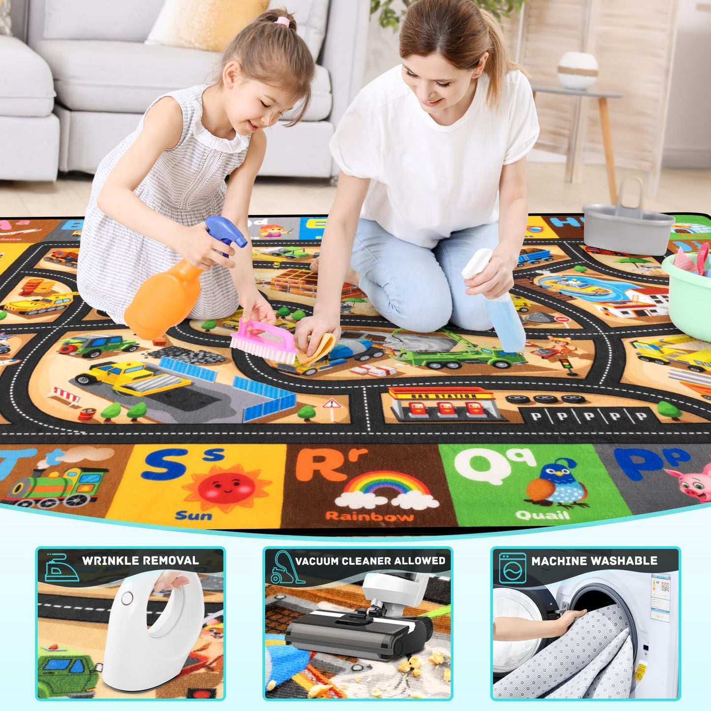 Diysani Construction Site Play Rug 6x9FT Car Rug for Kids Toy Cars Non-Slip Car Carpet Baby Play Mat for Floor Washable ABC Alphabet Playroom Nursery Preschool Daycare Classroom Carpet