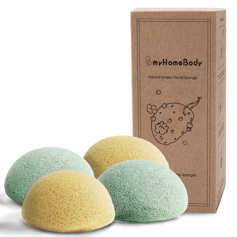 Natural Konjac Facial Sponges - for Gentle Face Cleansing and Exfoliation (2 Turmeric Yellow, 2 Aloe Green)