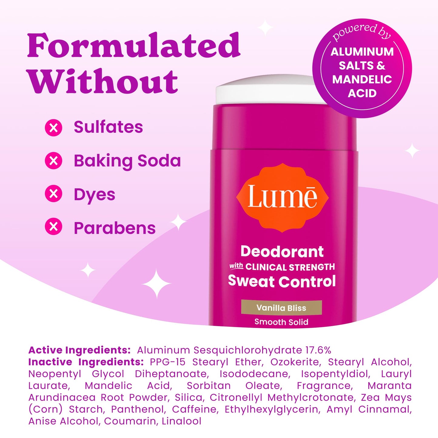 Lume Deodorant Plus Sweat Control - Smooth Solid Stick - Maximum Strength Antiperspirant - 72 Hour Odor And Sweat Control - Baking Soda Free, Skin Loving - 2.6 ounce (Vanilla Bliss) Pack of 2