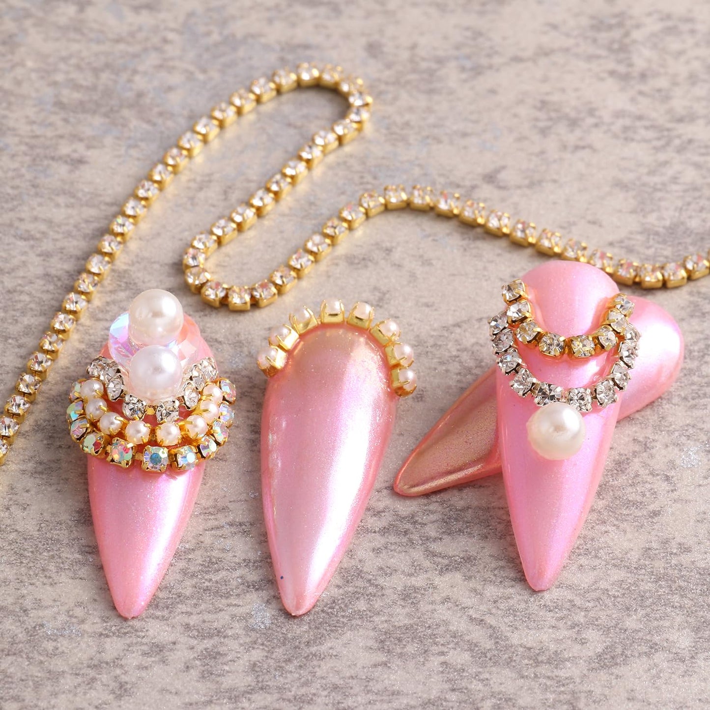 12 Strips Metal Nail Chain Charms, 3D Gold Silver Nail Art Line Accessories, Punk Luxury Pearl Gem Jewelry Chains for Women Girls Manicure Supplies DIY Crafts Decorations