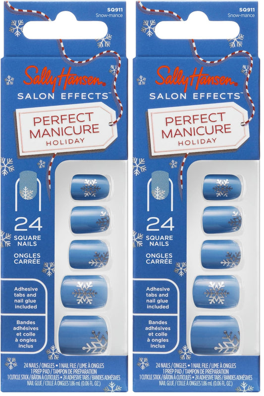 Sally Hansen Salon Effects Perfect Manicure Press-On Nails | Easy to Apply, Non-Damaging | 24 Nails, Adhesive Tabs, File & Alcohol Pad Included | Holiday - Snow-mance (Pack of 2)