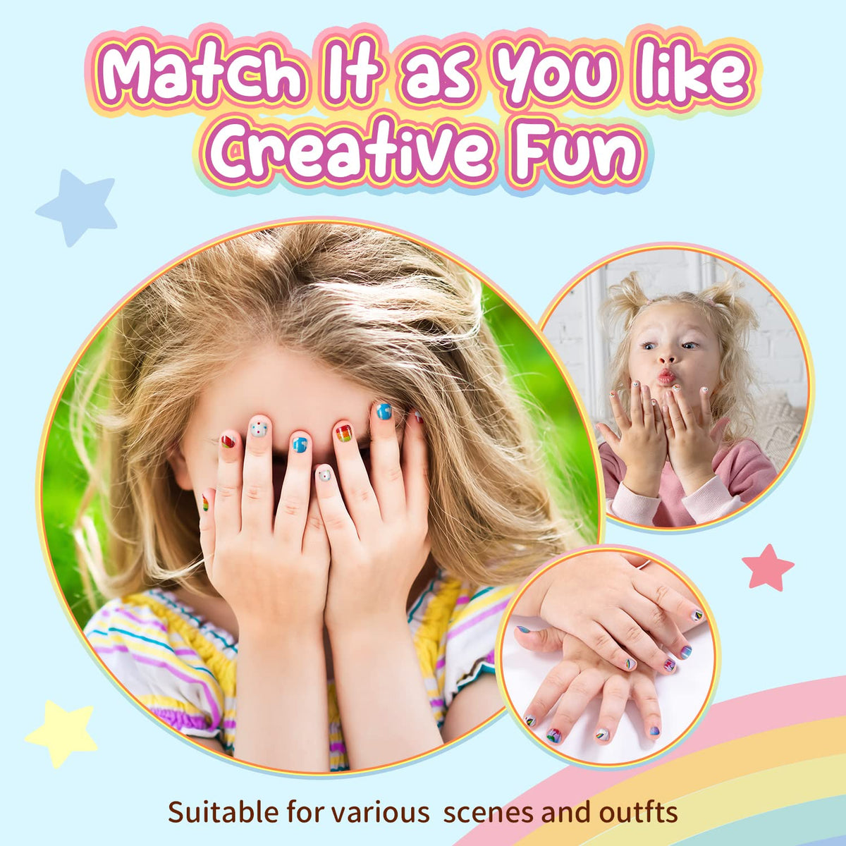 Modelones Press on Nails for Kids 144Pcs 6 Pack Children Acrylic Fake Nails Pre-glue Full Cover Glitter Gradient Color Rainbow Candy Short False Nail Kits Sets Thanksgiving Christmas Gifts for Girls