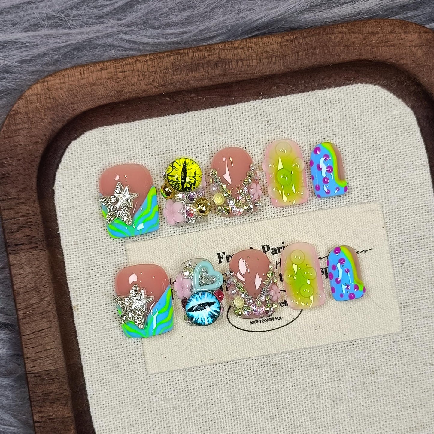 TENPAL V-Shape French Tips Square Nails,Acrylic Press on Nails with 10pcs Kit,Sweet Edgy Y2K Hand-Painted Art False Nails,Neon Yellow-Green Fake Nails with 3D Stars, Hearts, Rhinestones Flowers(L)