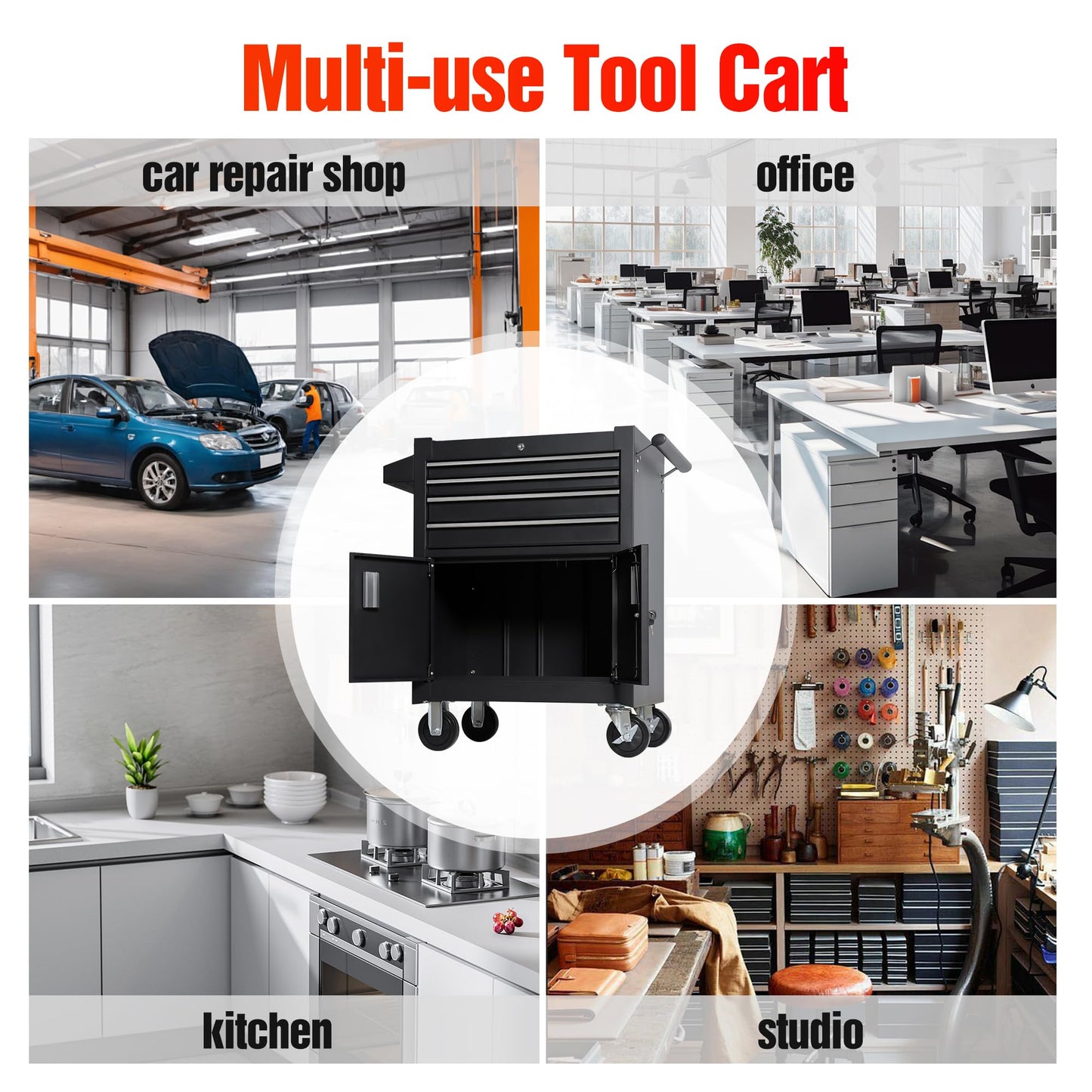 TANKSTORM 26" Professional Tool Chest Heavy Duty Cart Steel Rolling Tool Box with 4 Lockable Drawers and Doors/Profossional Grade (TZ64-BK)