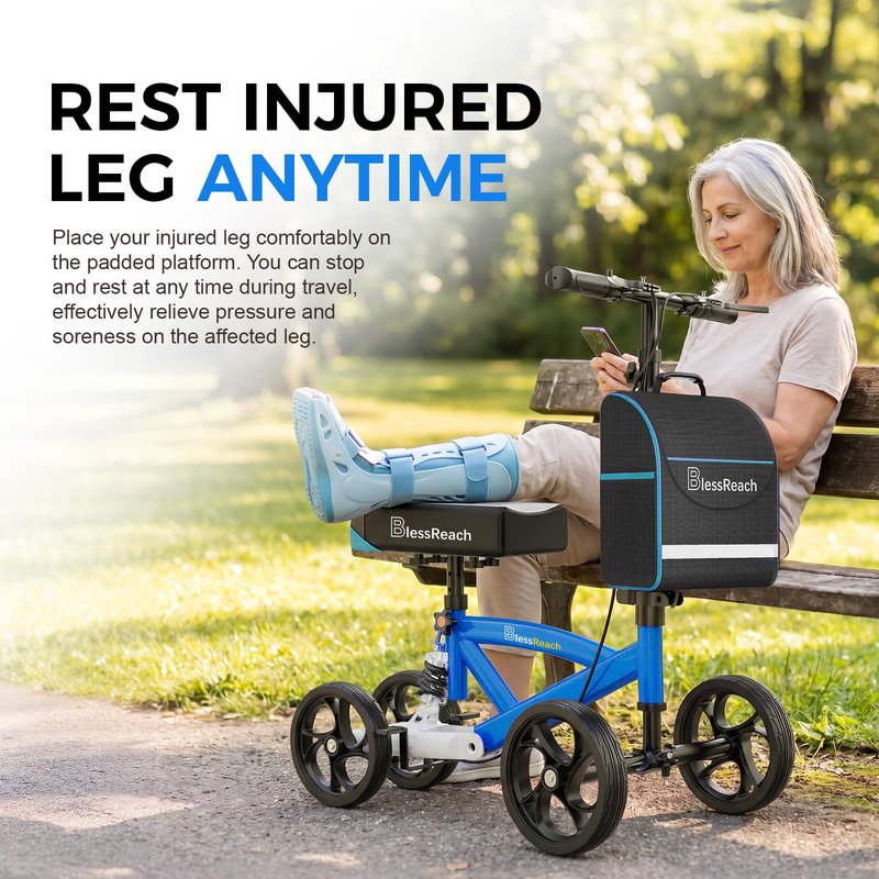 BlessReach Steerable Knee Scooter Deluxe Medical Scooter for Foot Injuries Compact Crutches, with Dual Rear on-Wheel Brake and Shock Absorption Under The Knee pad（Blue）