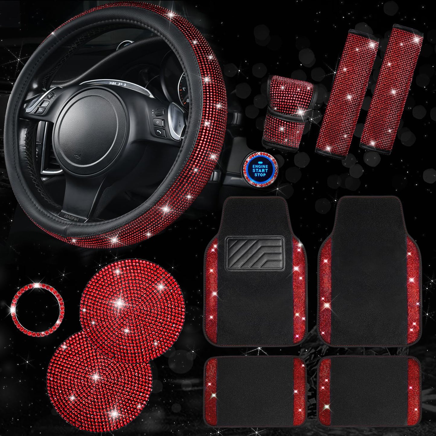 CAR PASS 11 PCS Bling Diamond Car Mats Set for Women Girls, Sparkly Rhinestone Steering Wheel Cover, Waterproof Floor Mats Universal Fit for SUV,Vans,Sedans,Trucks Anti-Slip, Interior Sets Black Red