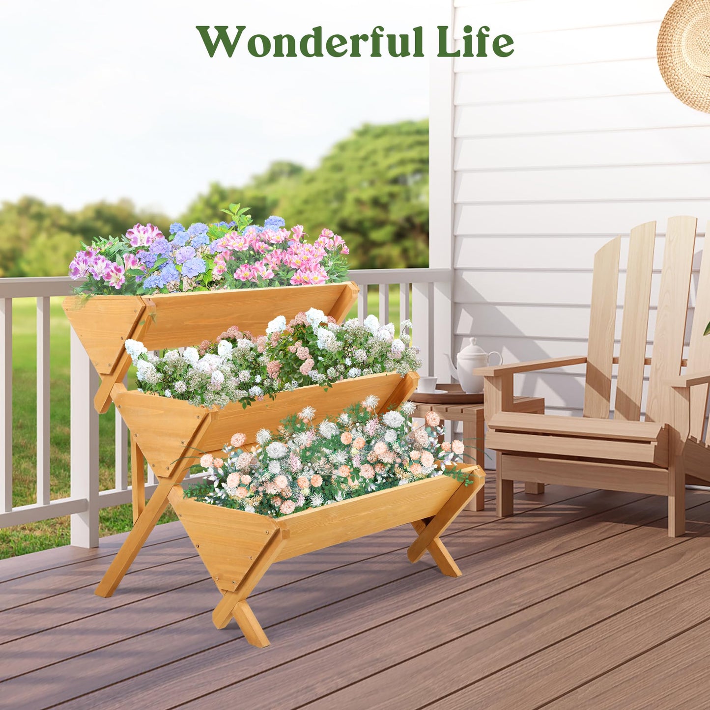 OIPRTGFJ 3 Tiers Wooden Vertical Raised Garden Bed with Legs,Brown Planter Raised Beds Kit for Flowers Herbs Vegetables, Natural… (Medium)