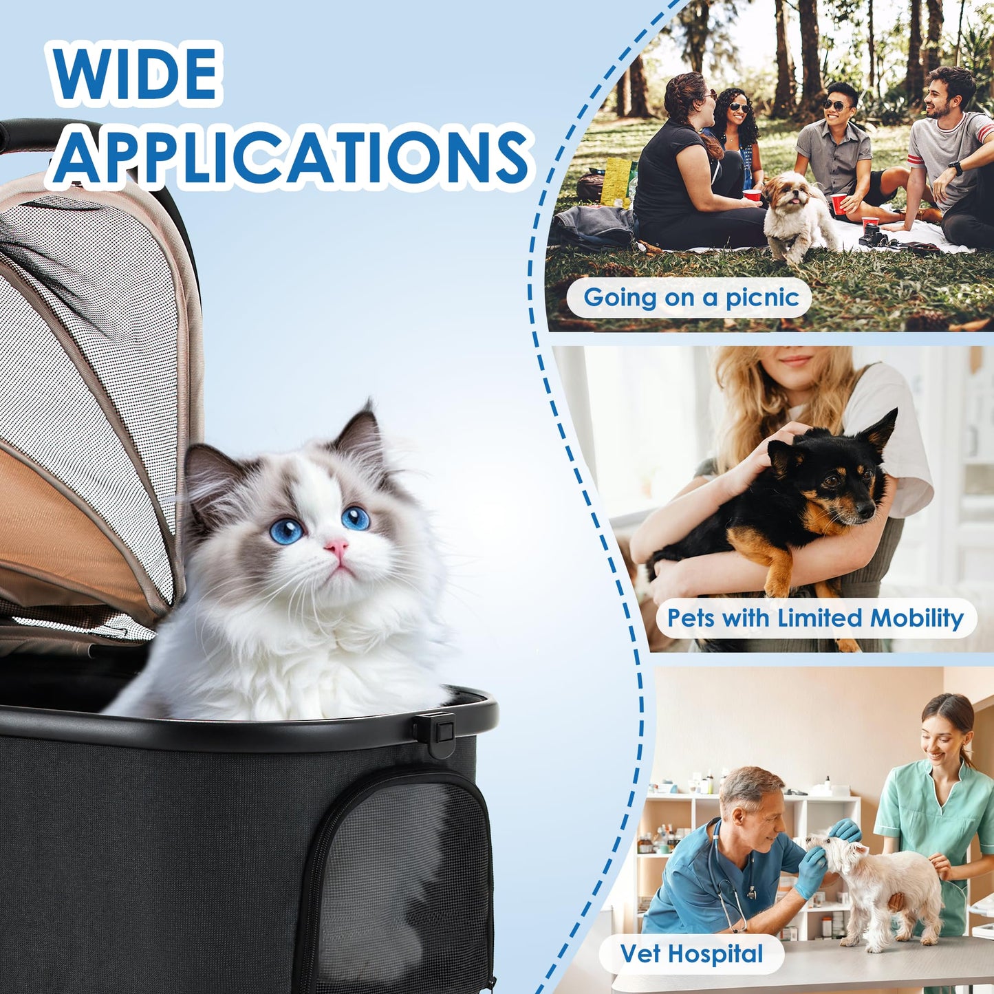 KAVELLIN Pet Stroller for Small/Medium Dogs, Foldable Dog Stroller with Detachable Carrier,3 in 1 Pet Stroller for Dogs Cats up to 50 lbs, Cup Holders,Easy Assembly, Khaki