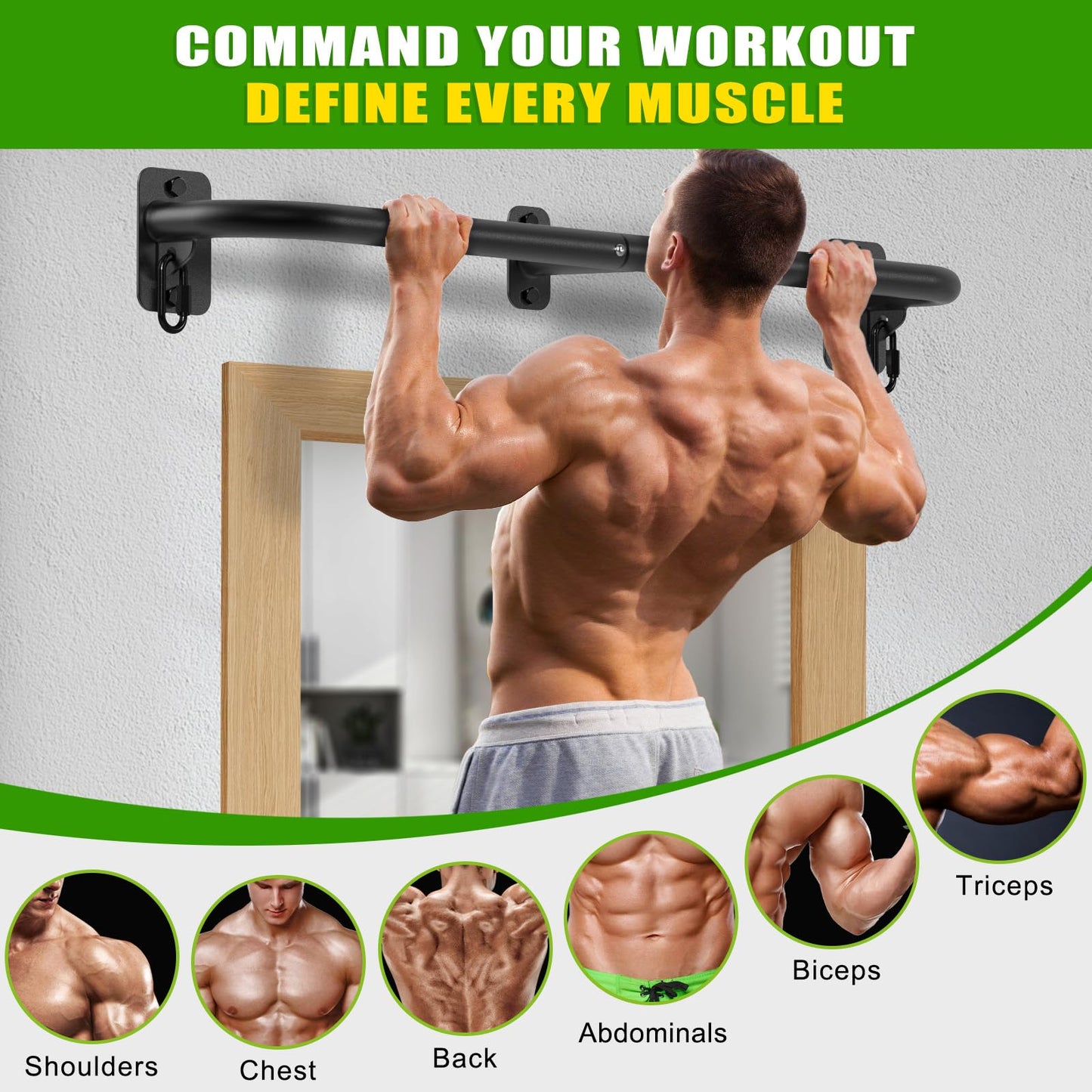 SELEWARE Heavy Duty Wall Mount Pull Up Bar, 450LB Capacity Joist Mount Chin Up Bar for Doorway, Sturdy Steel Construction, w/Resistance Band Hooks, Fits 32" Wall Studs for Home Gym Strength Training"